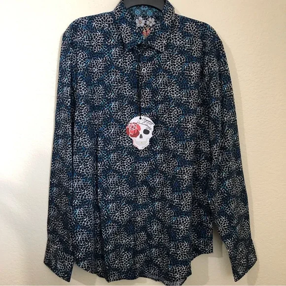 ROBERT GRAHAM Large Baltic Long Sleeve Shirt Flip Cuff Navy Floral Geometric NWT - Picture 2 of 13
